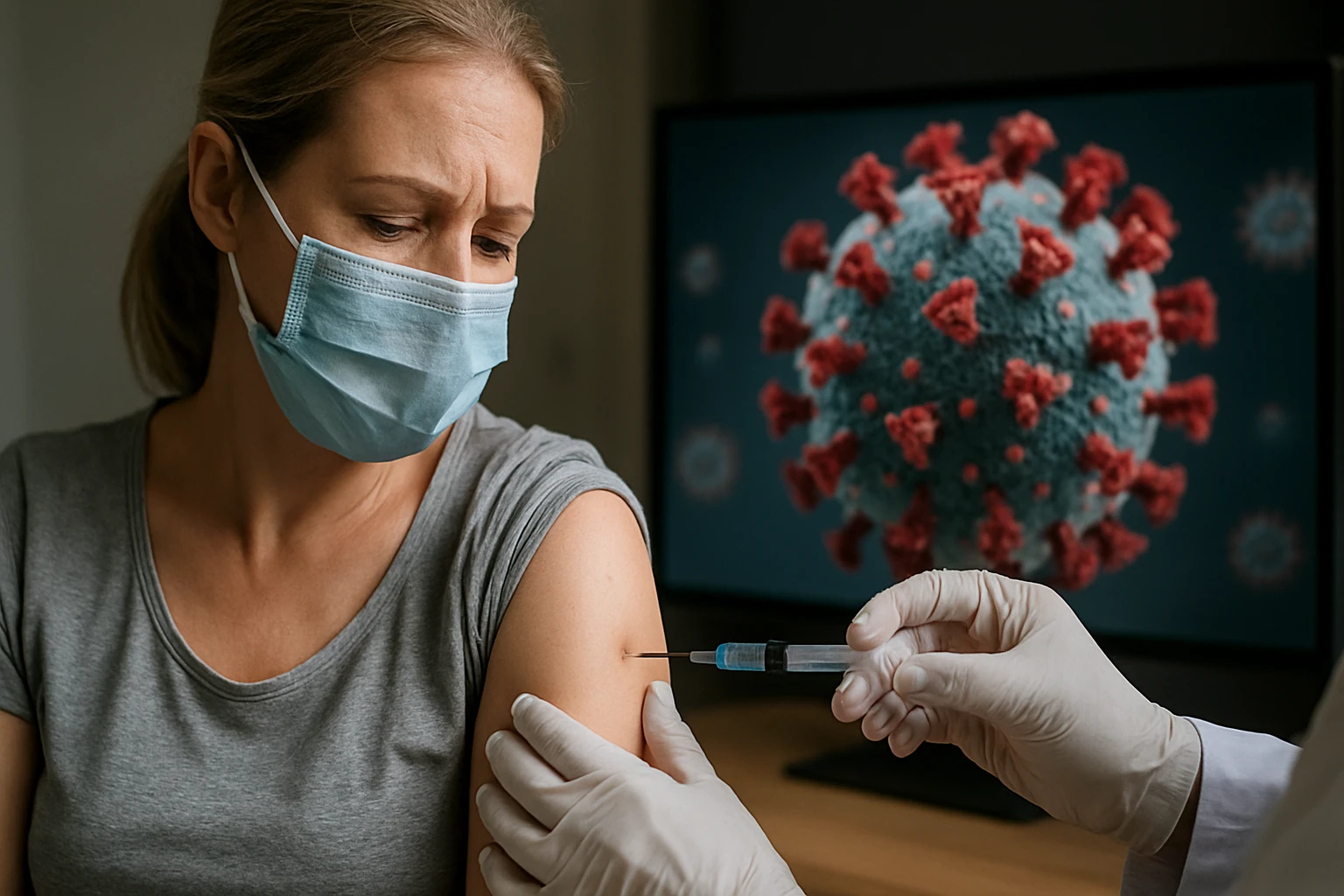 Žena dostáva vakcínu Sputnik V počas očkovania proti COVID-19.