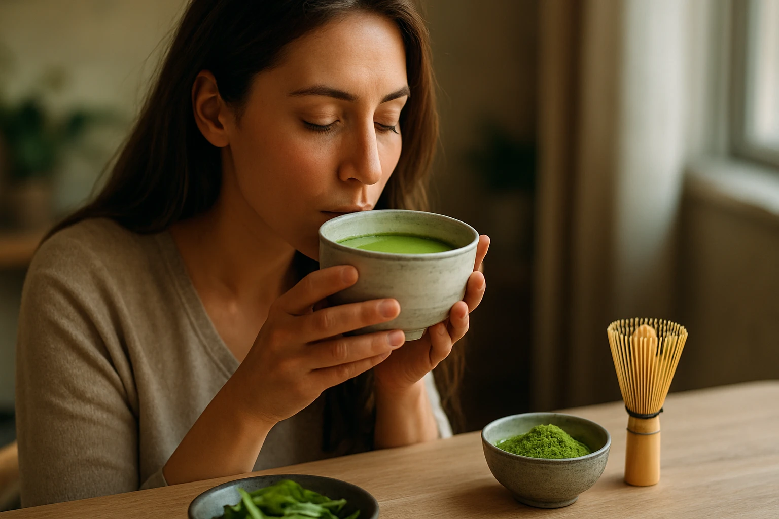 Žena vychutnáva matcha čaj z keramickej misky