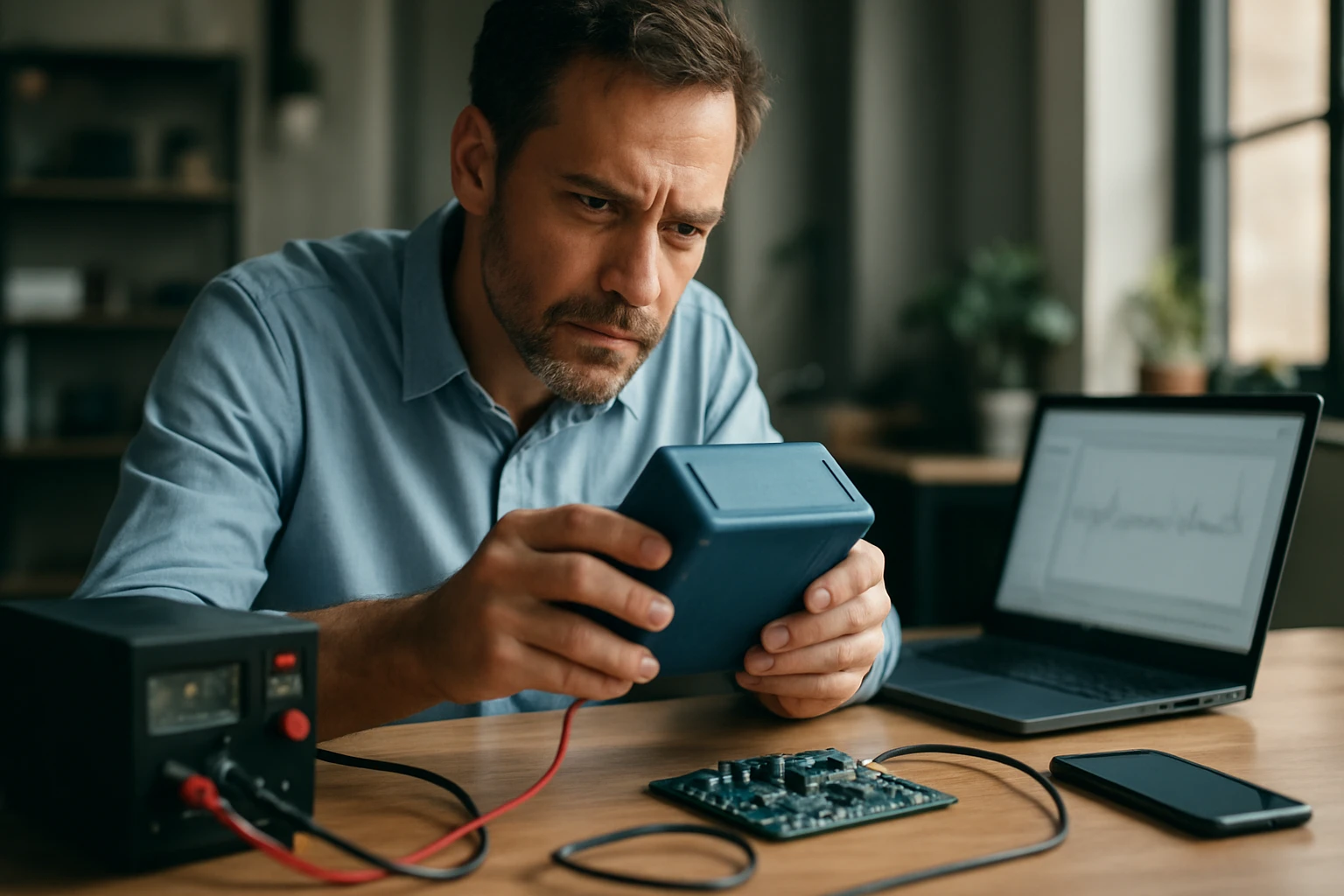 Muž skúma zariadenie pre jednosmerný prúd s elektronickými komponentmi.