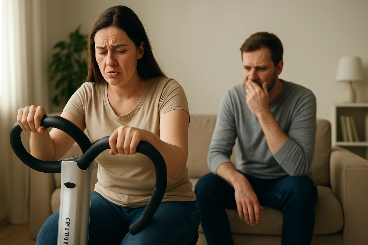 Žena cvičí na FLABéLOS s bolestivým výrazom, muž sleduje.