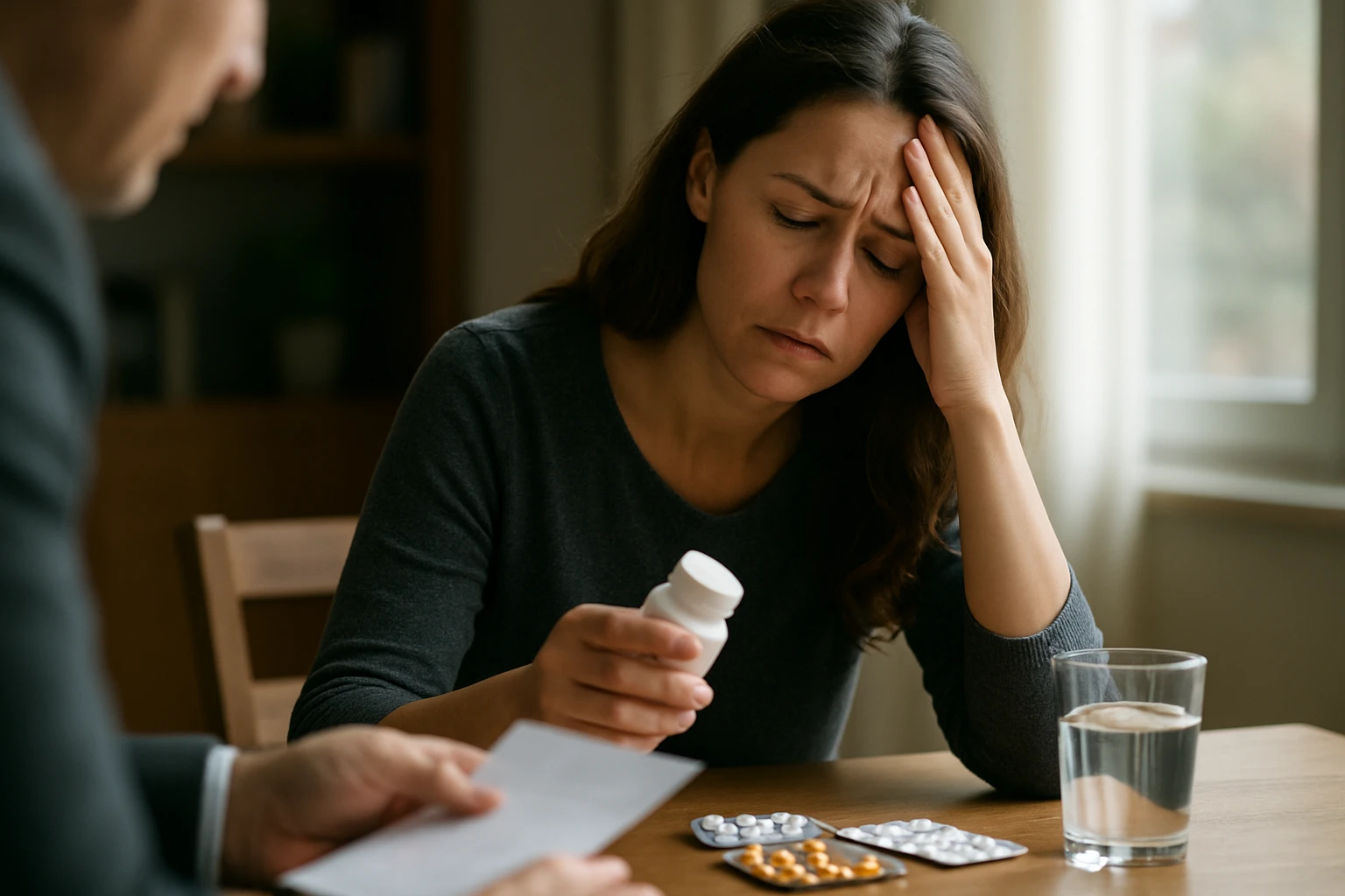 Žena so zlomeným výrazom v tvári, skúmala lieky na stole.
