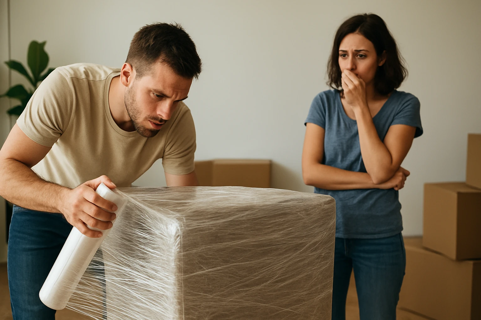 Muž balí krabicu s fóliou na sťahovanie, žena sa pozerá znepokojene.