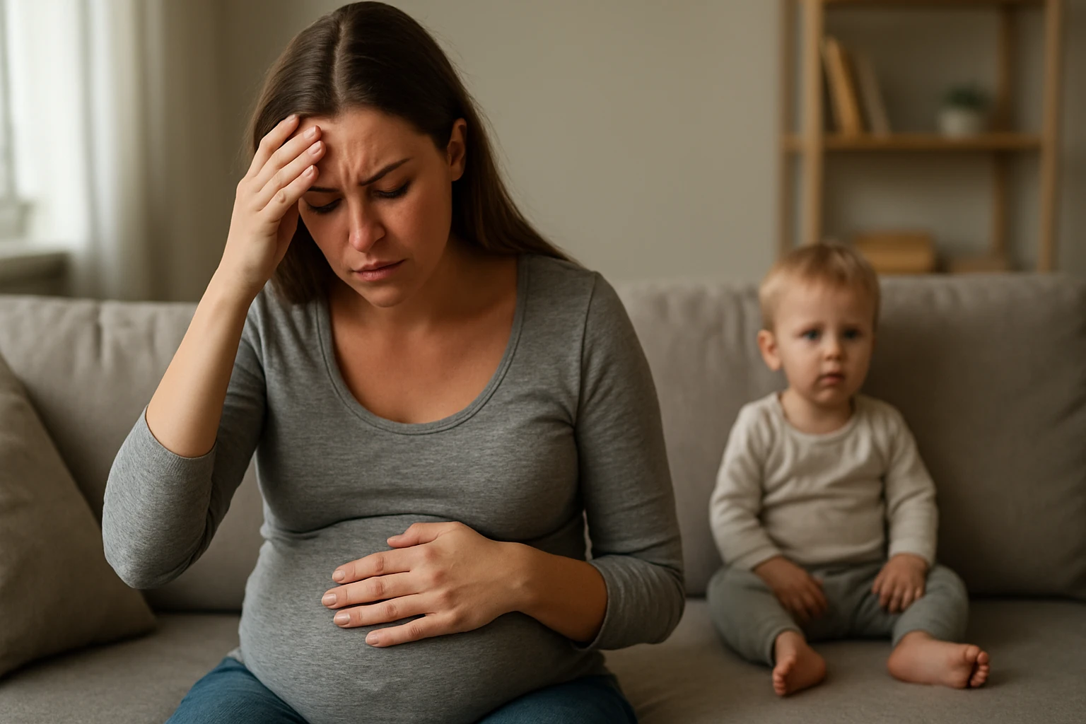 Tehotná žena zažíva stres, zatiaľ čo dieťa sedí vedľa nej.