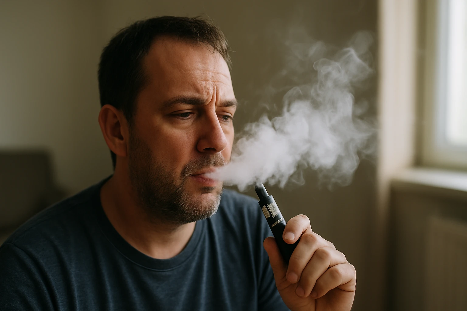 Muž fajčiaci elektronickú cigaretu doma, obklopený dymom