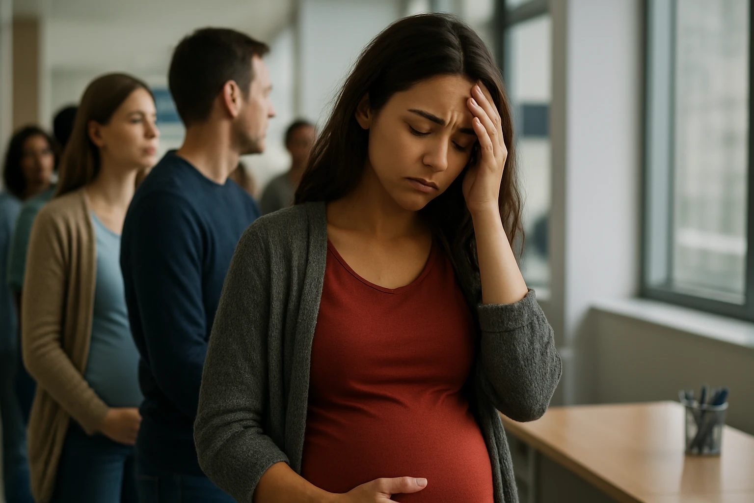Tehotná žena v čakacej línii s výrazom starostí na tvári.