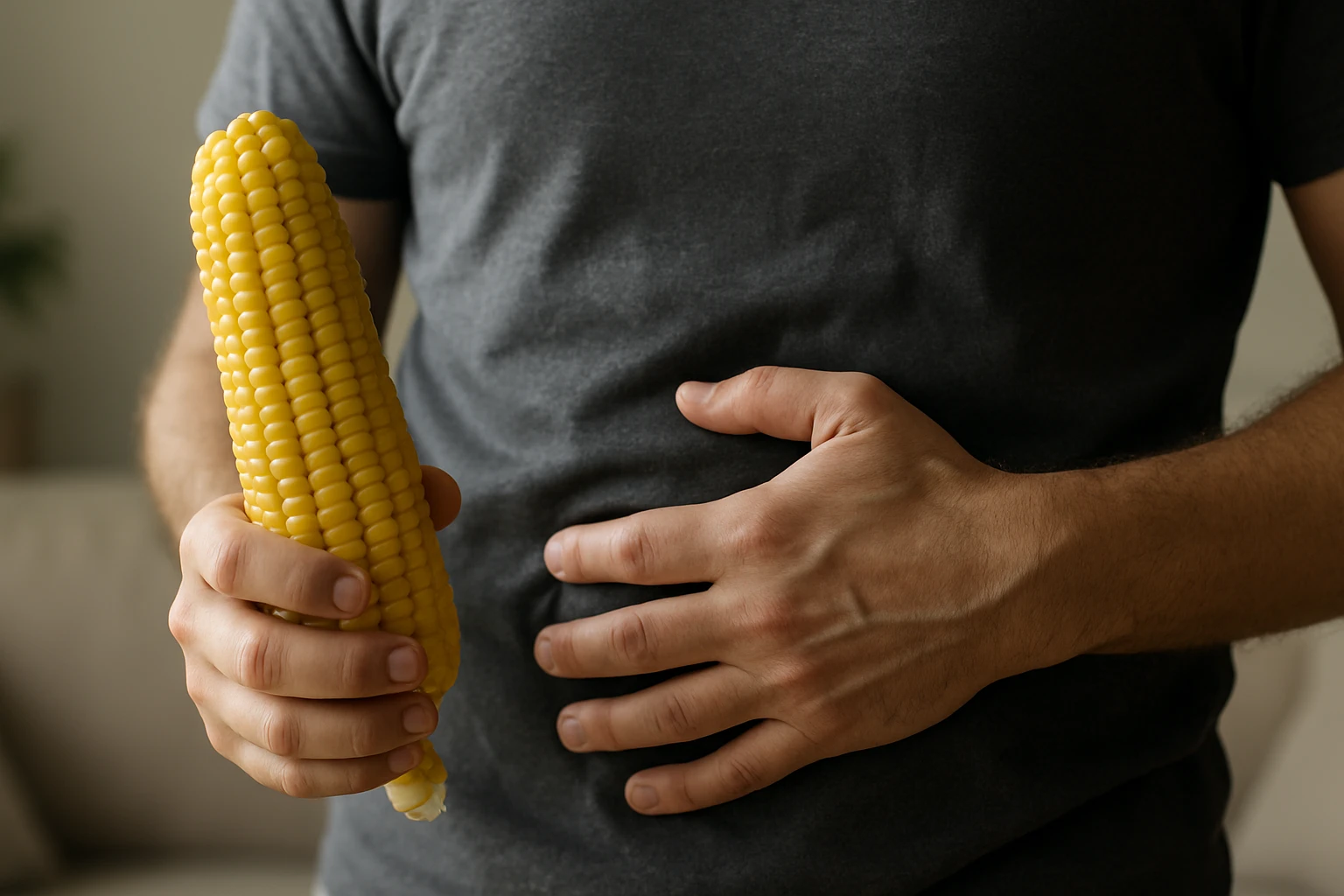 Muž drží kukuricu, ukazuje na zdravie pečene.