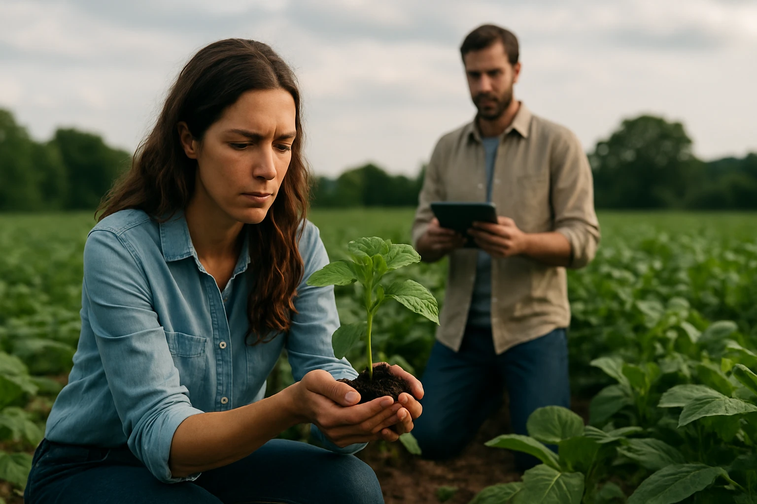 Žena skúma rastlinu v poli s mužom používajúcim tablet na pozadí.