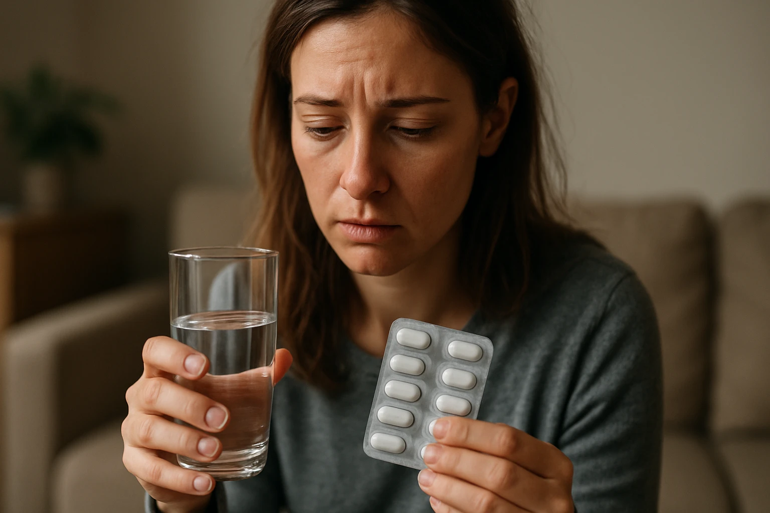 Žena so sklenenou vodou a antibiotikami, zamyslená nad liečbou.