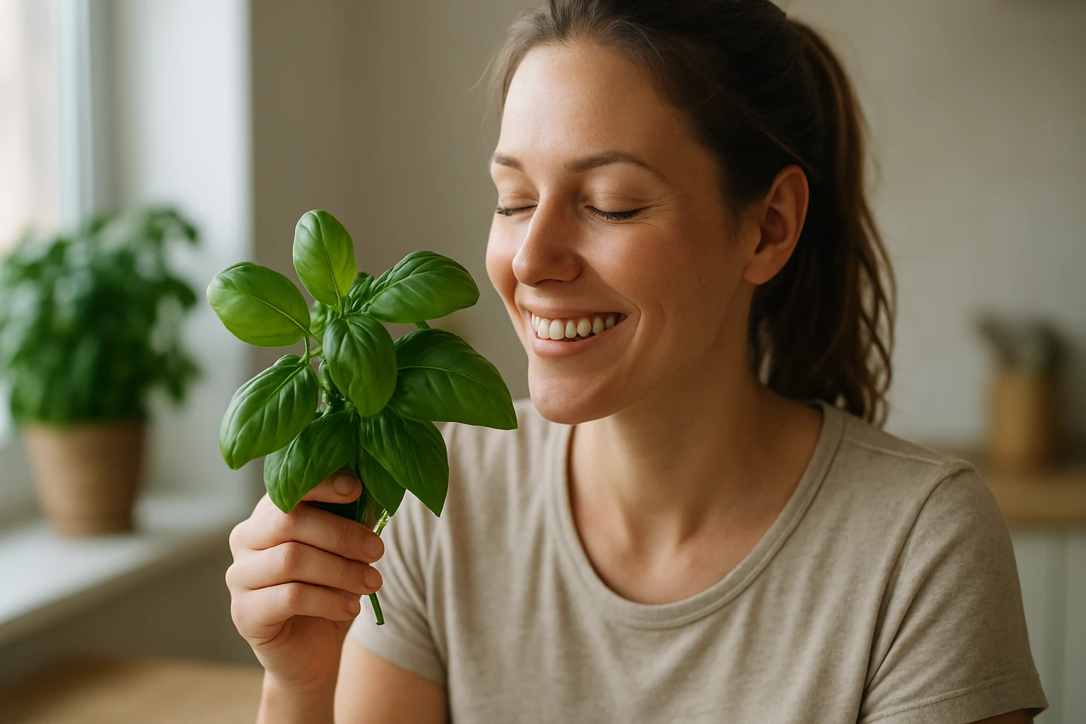 Žena drží čerstvú bazalku a usmieva sa na ňu v kuchyni.