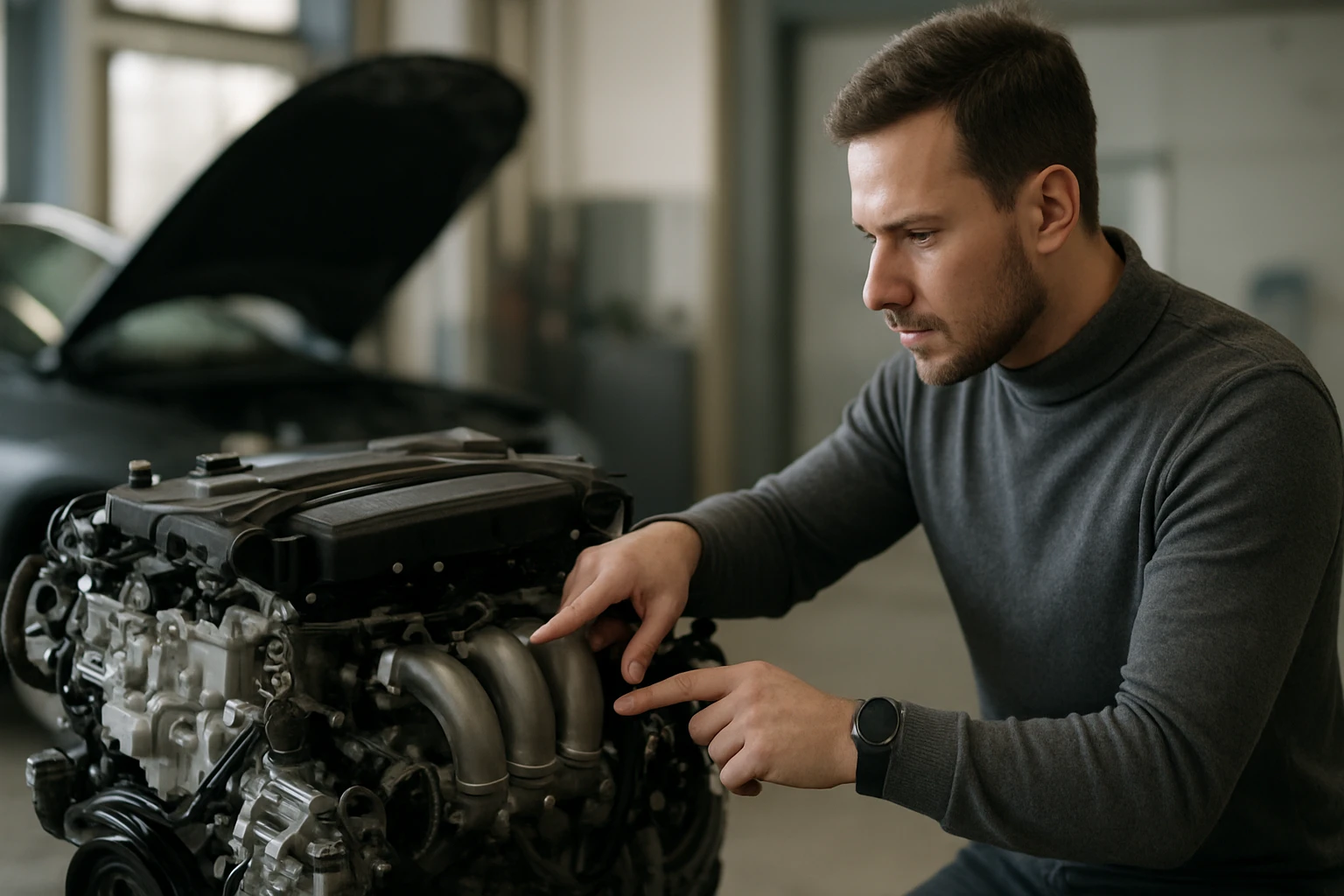 Muž skúma motor automobilu v modernom prostredí dielne.