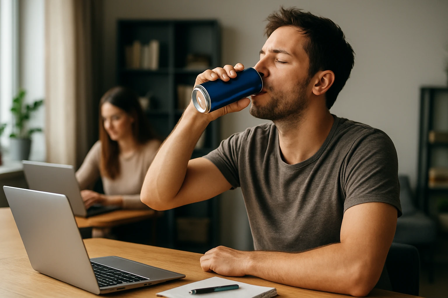 Muž pije energetický nápoj pri práci na počítači.