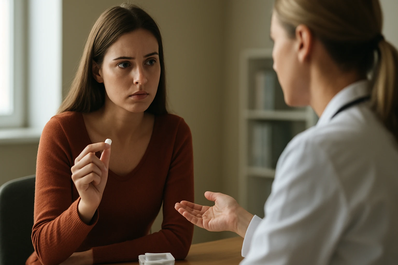 Žena s núdzovou antikoncepciou diskutuje s lekárkou.