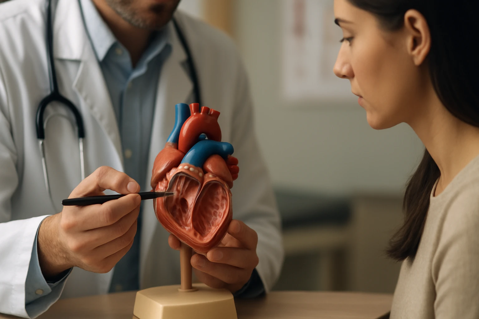 Doktor ukazuje na model srdca pacientke v ambulancii