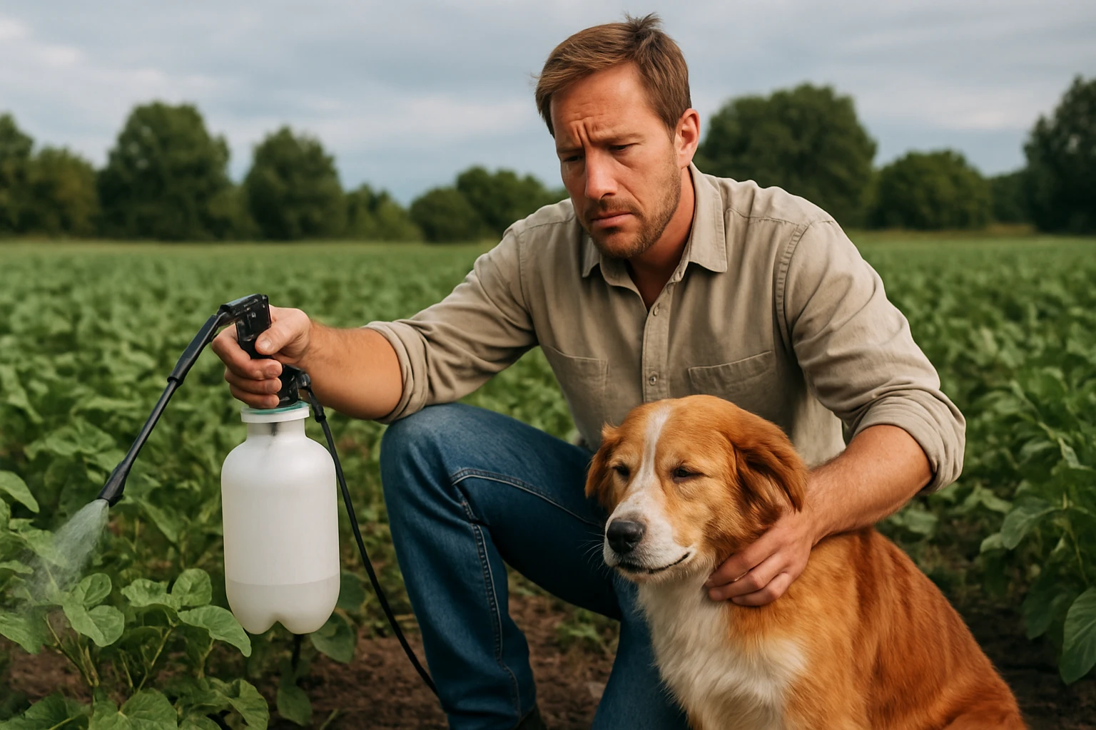 Muži a pes v poli, aplikujúci herbicídy s ohľadom na zdravie zvierat.