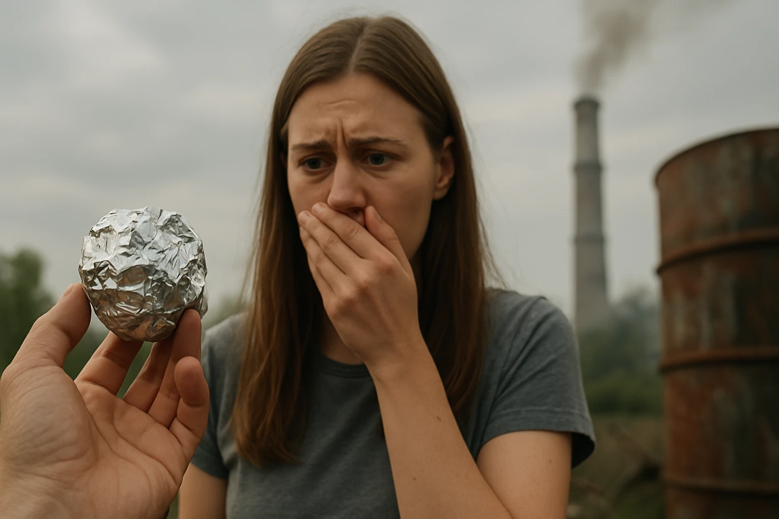 Žena vystrašená z hliníkovej fólie v znečistenom prostredí