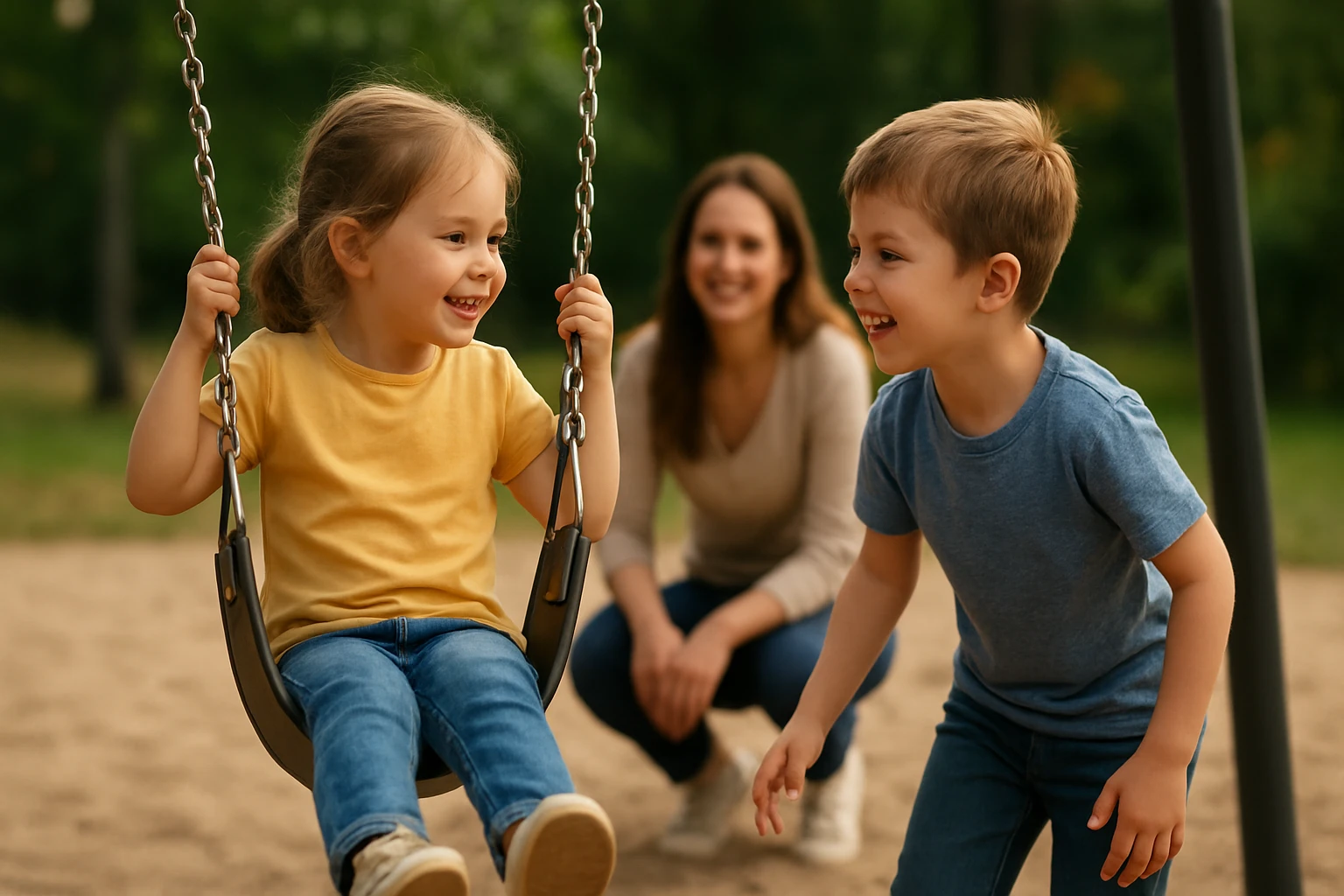 Deti sa usmievajú a hrajú sa na hojdačke v parku.