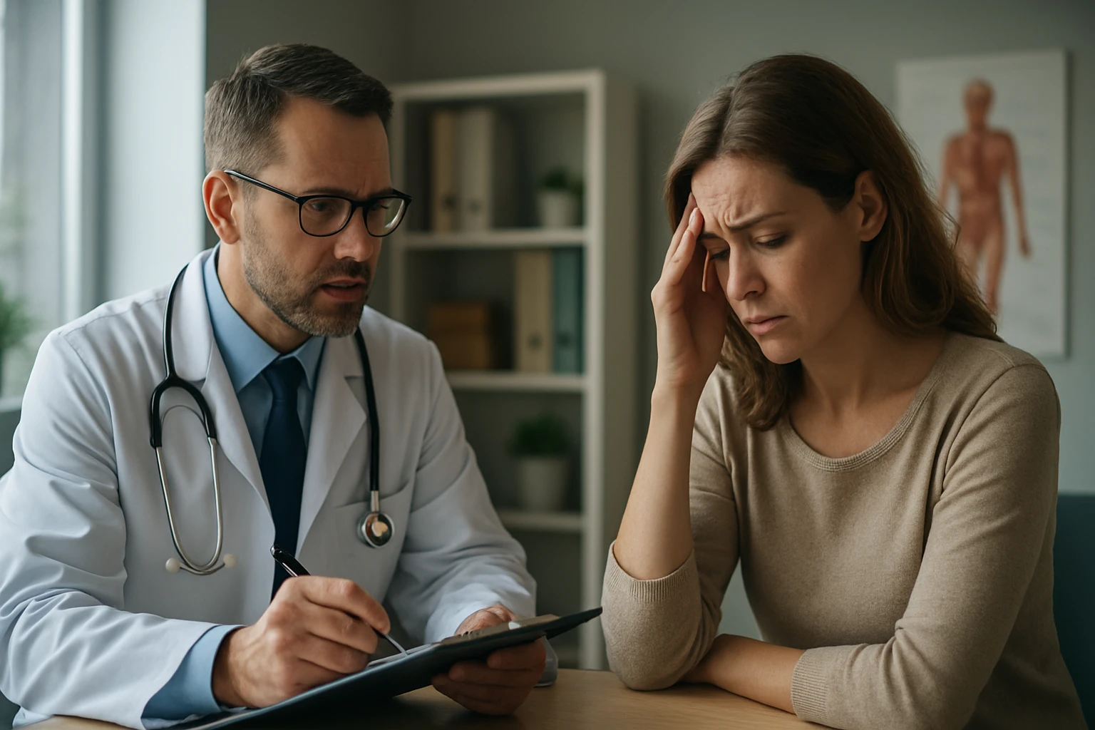 Lekár diskutuje s pacientkou o hyperaktivite imunitného systému.