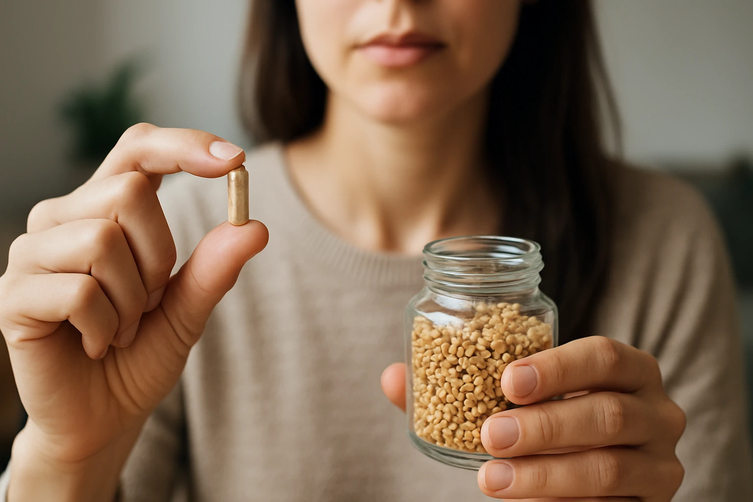 Žena s kapsulou senovky gréckej a skleneným pohárom so semenami.