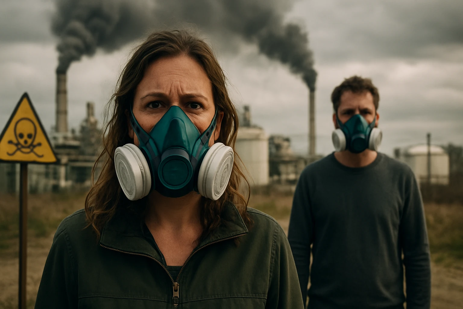 Osoby s ochrannými maskami pred znečistením a priemyslom