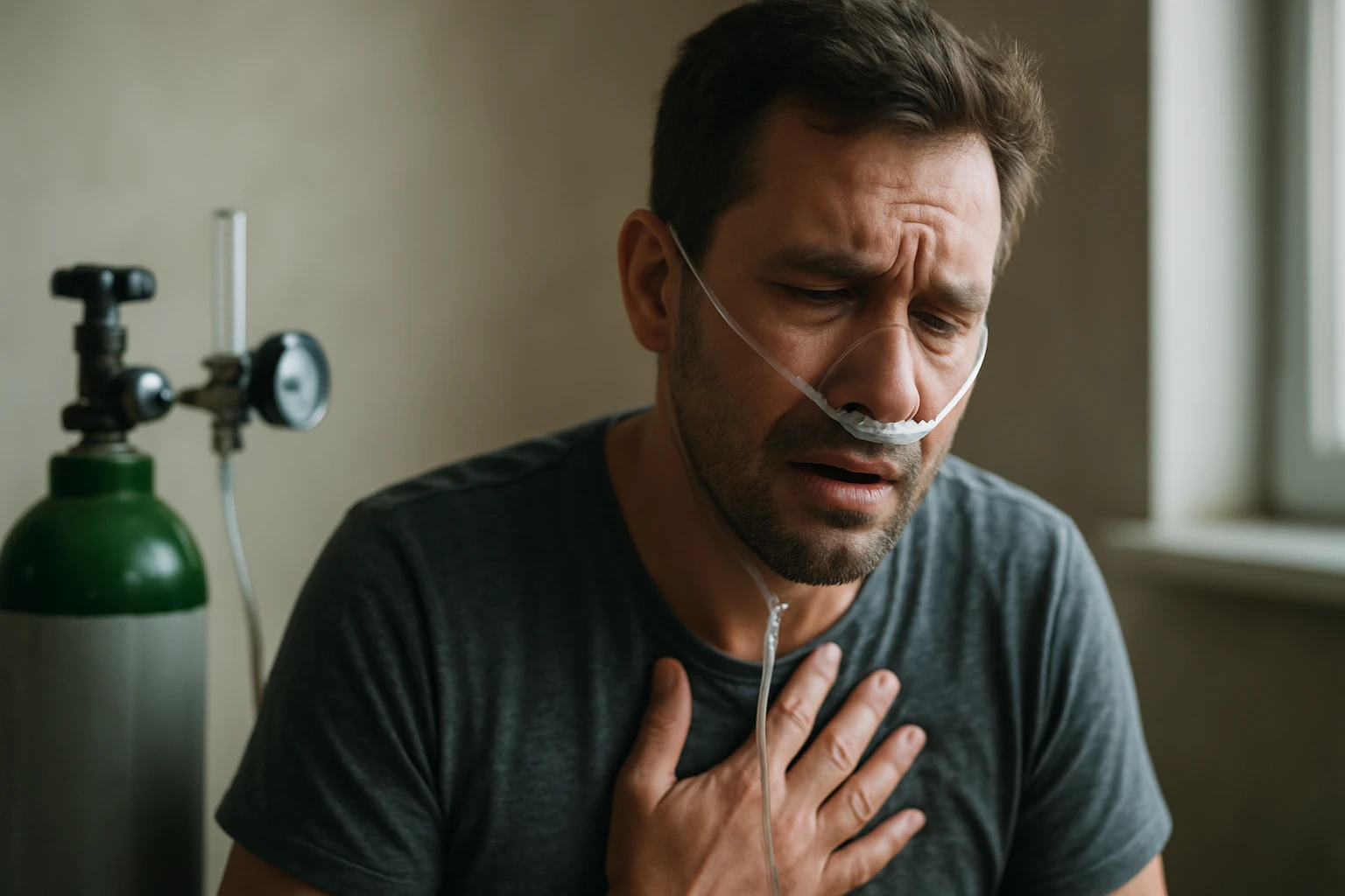 Muž s kyslíkovou terapiou, vyjadrujúci nepríjemnosti a obavy