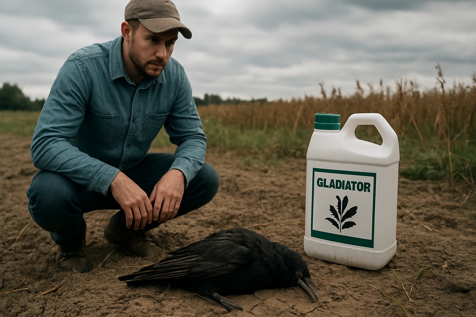 Farmár skúma zavraždeného havrana vedľa fľaše herbicídu Gladiátor.
