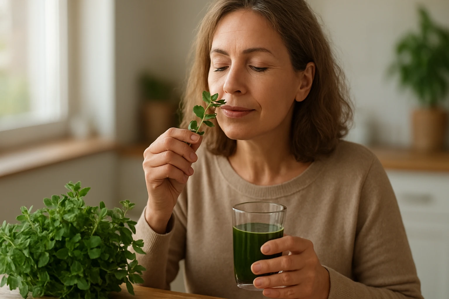 Žena s oreganom a zeleným nápojom, objavujúca jeho liečivé účinky.