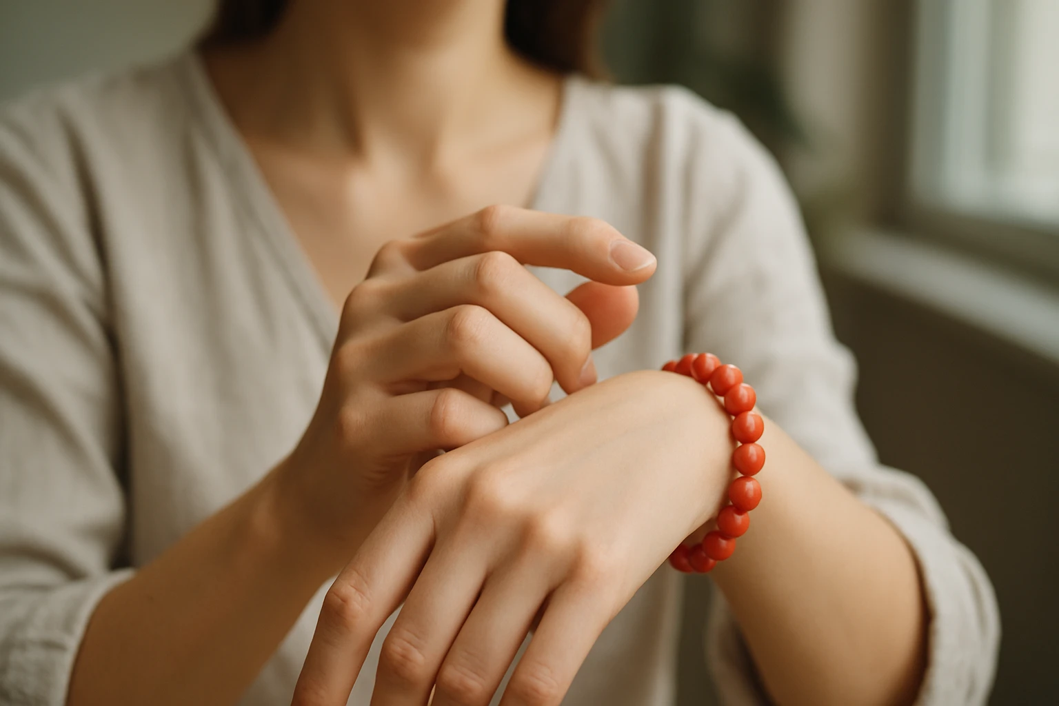Žena nosí koralový náramok, symbol ochrany a pozitívnej energie.