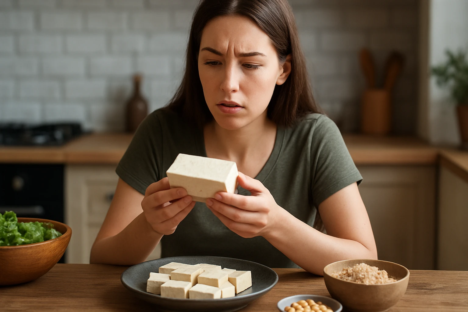 Žena skúma tofu na stole s rôznymi ingredienciami.