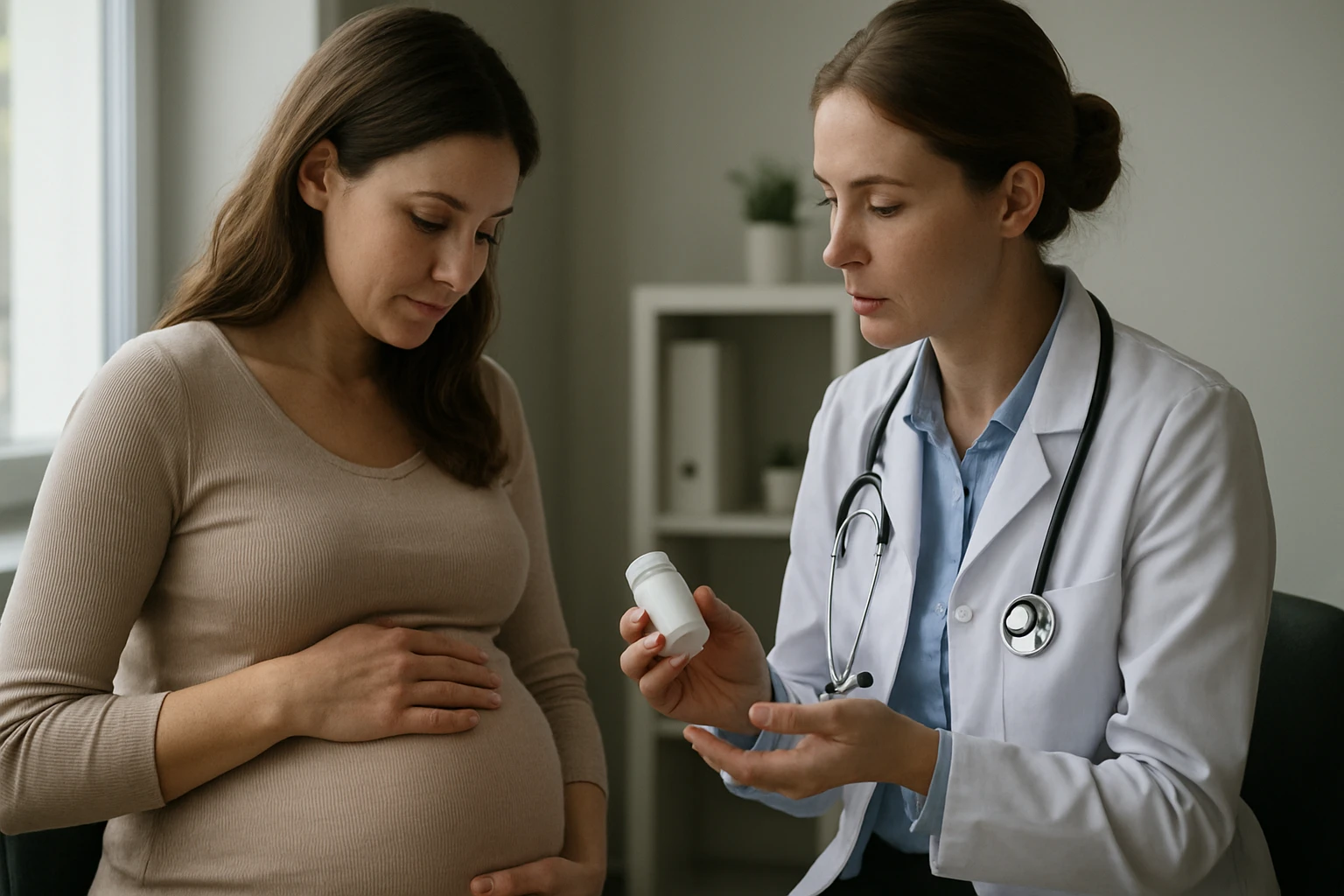 Tehotná žena sa porozpráva s lekárkou o progesteróne.