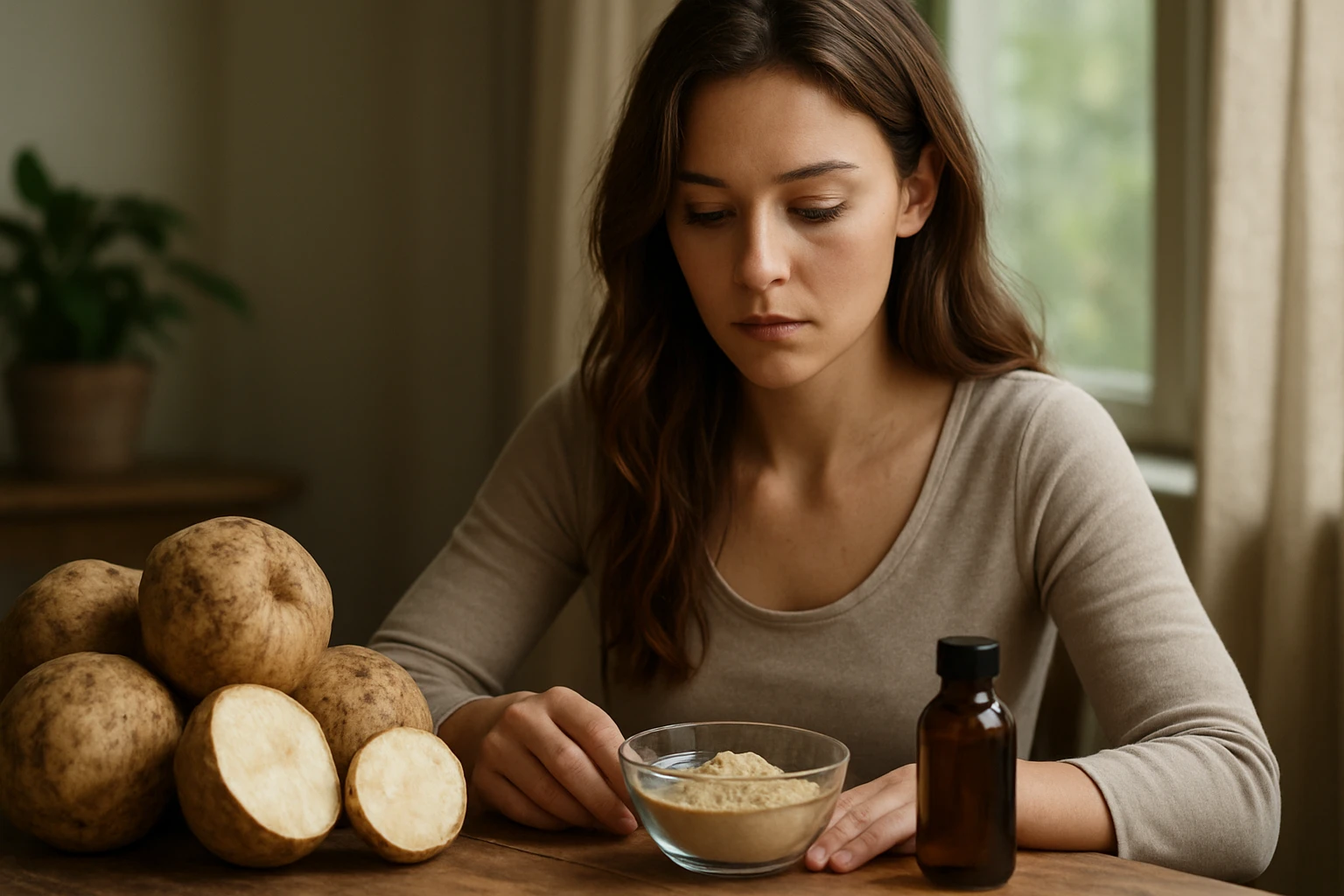 Žena skúma Pueraria Mirifica na zlepšenie zdravia a krásy.