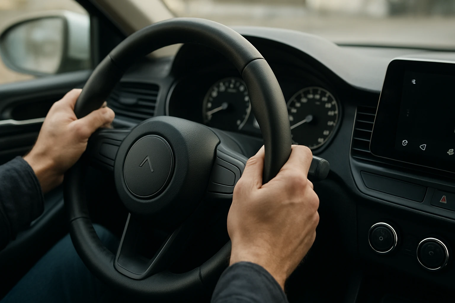Ruky na volante moderného vozidla ovládaného senzorom uhla riadenia.
