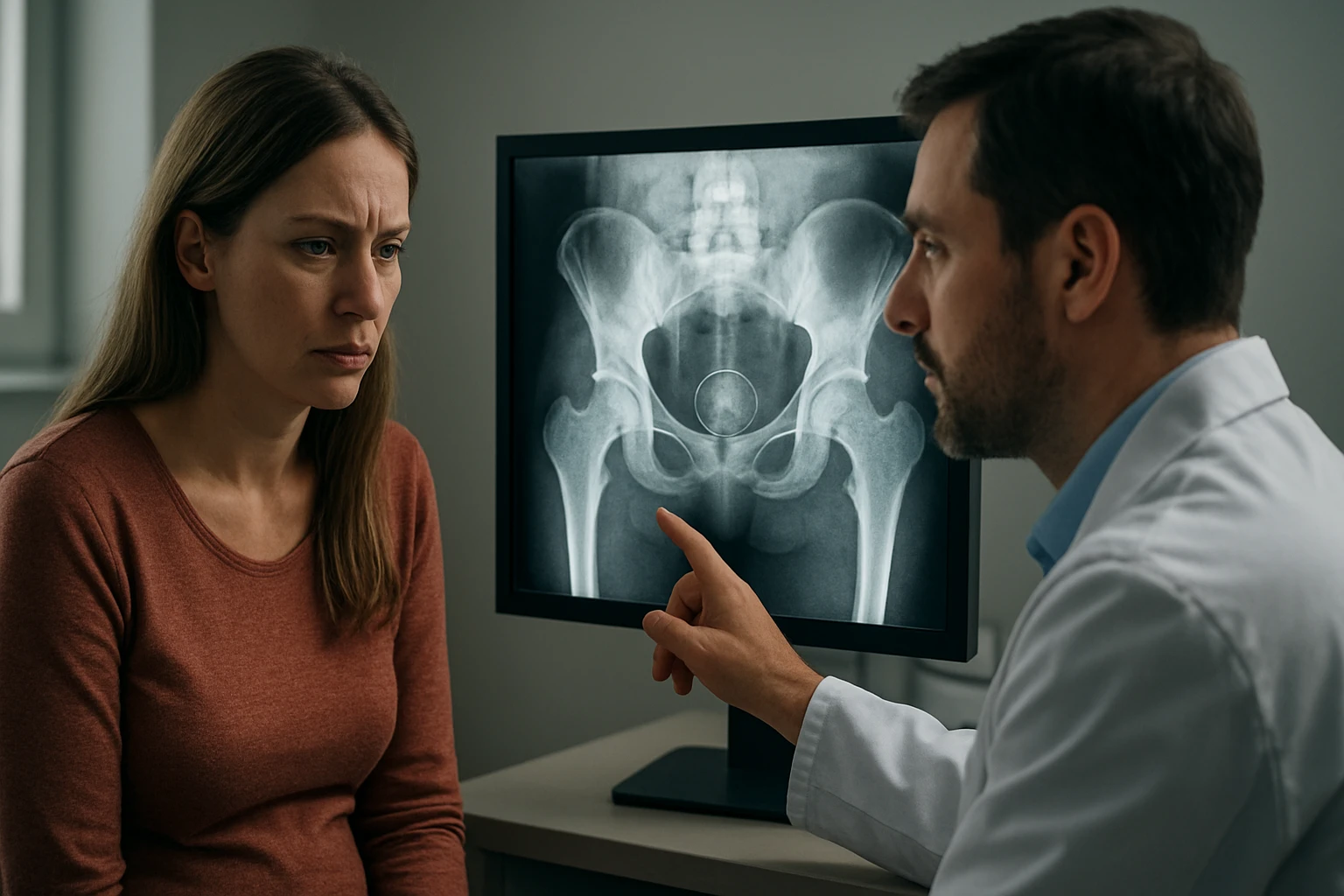 Žena s vážnym výrazom počúva lekára pri röntgenovom vyšetrení.