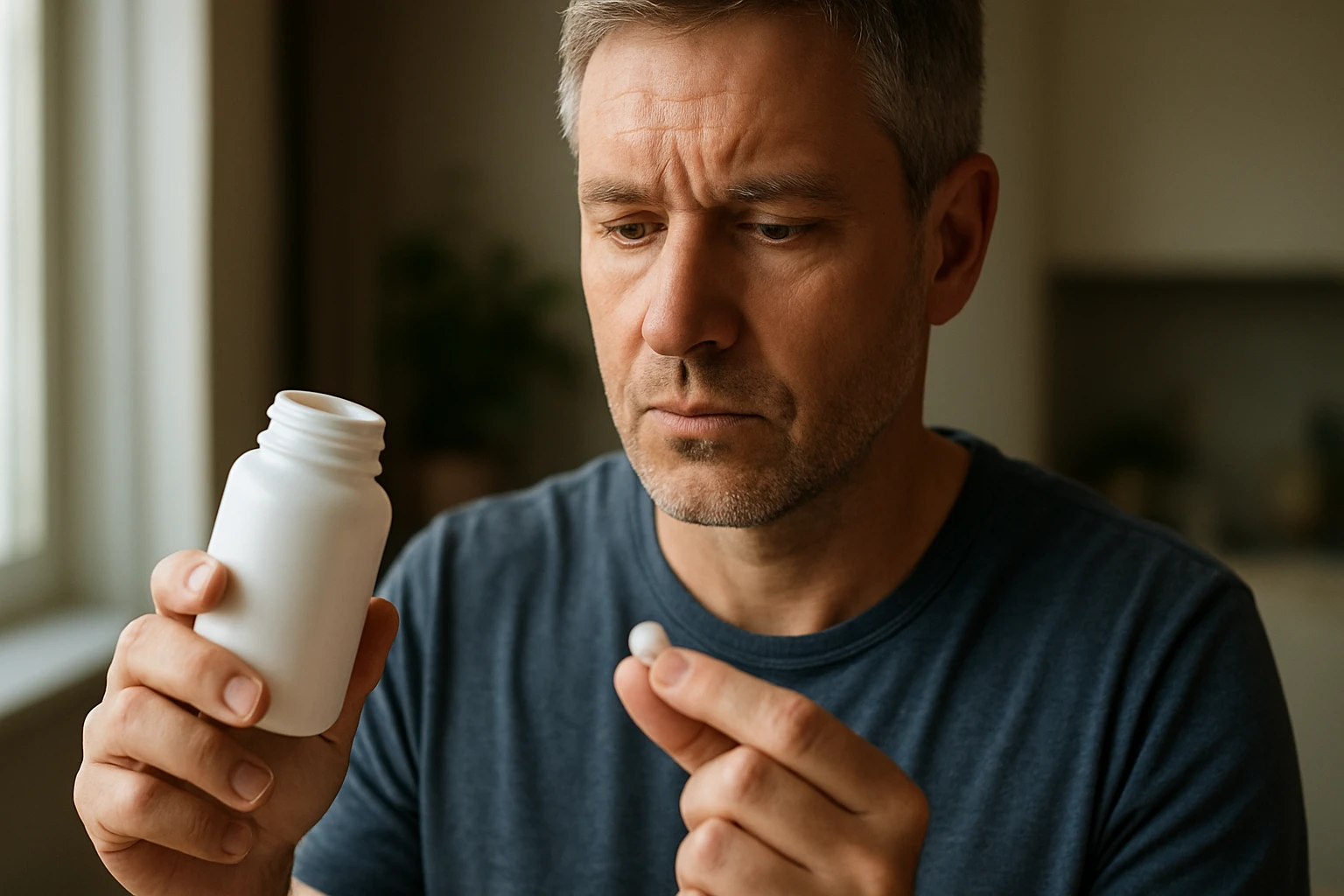Muž zvažuje užitie tablety magnézia z bielej fľaše.