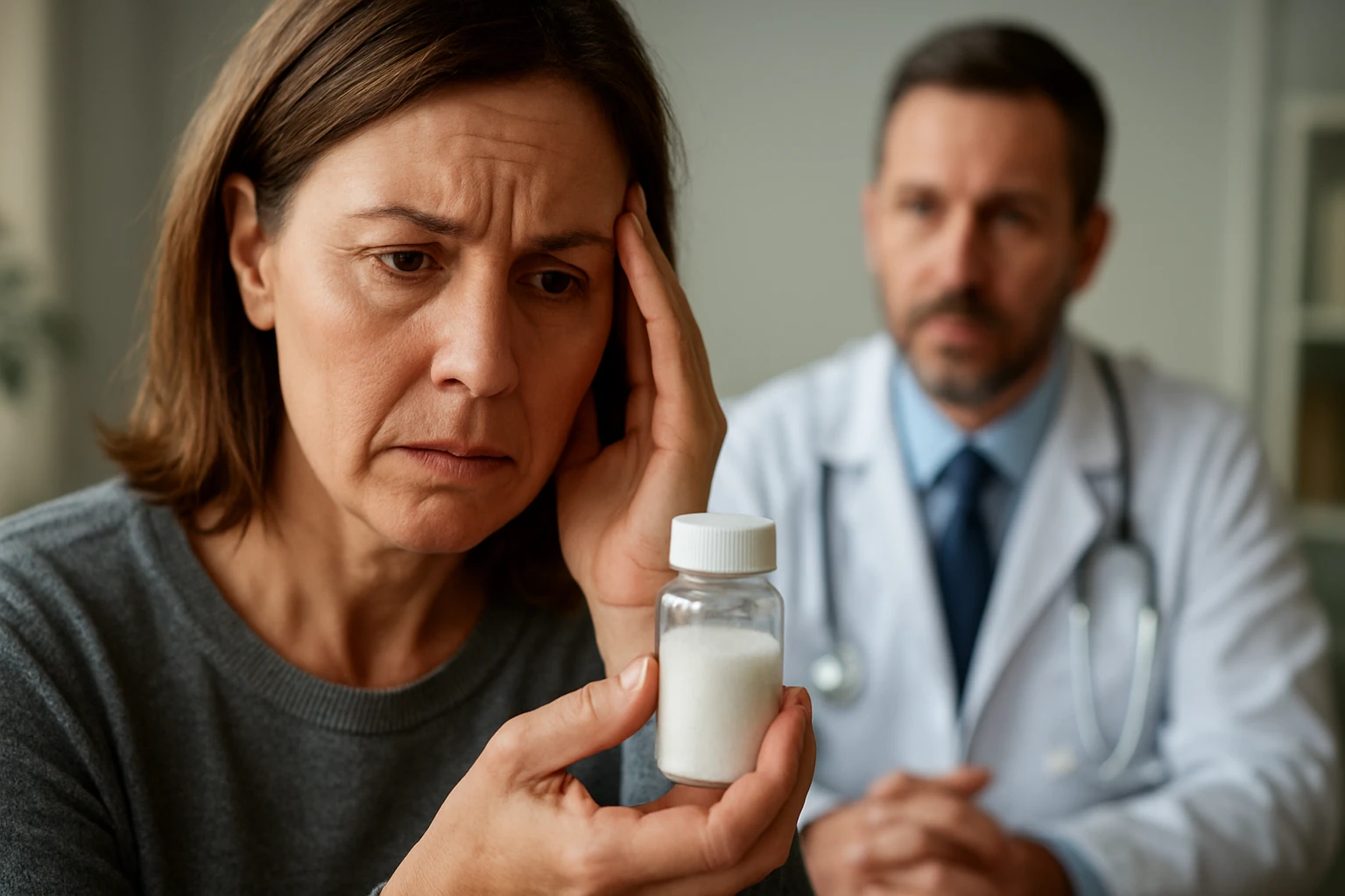Žena s obavami drží pohárik so strieborným jodidom pri lekárovi.