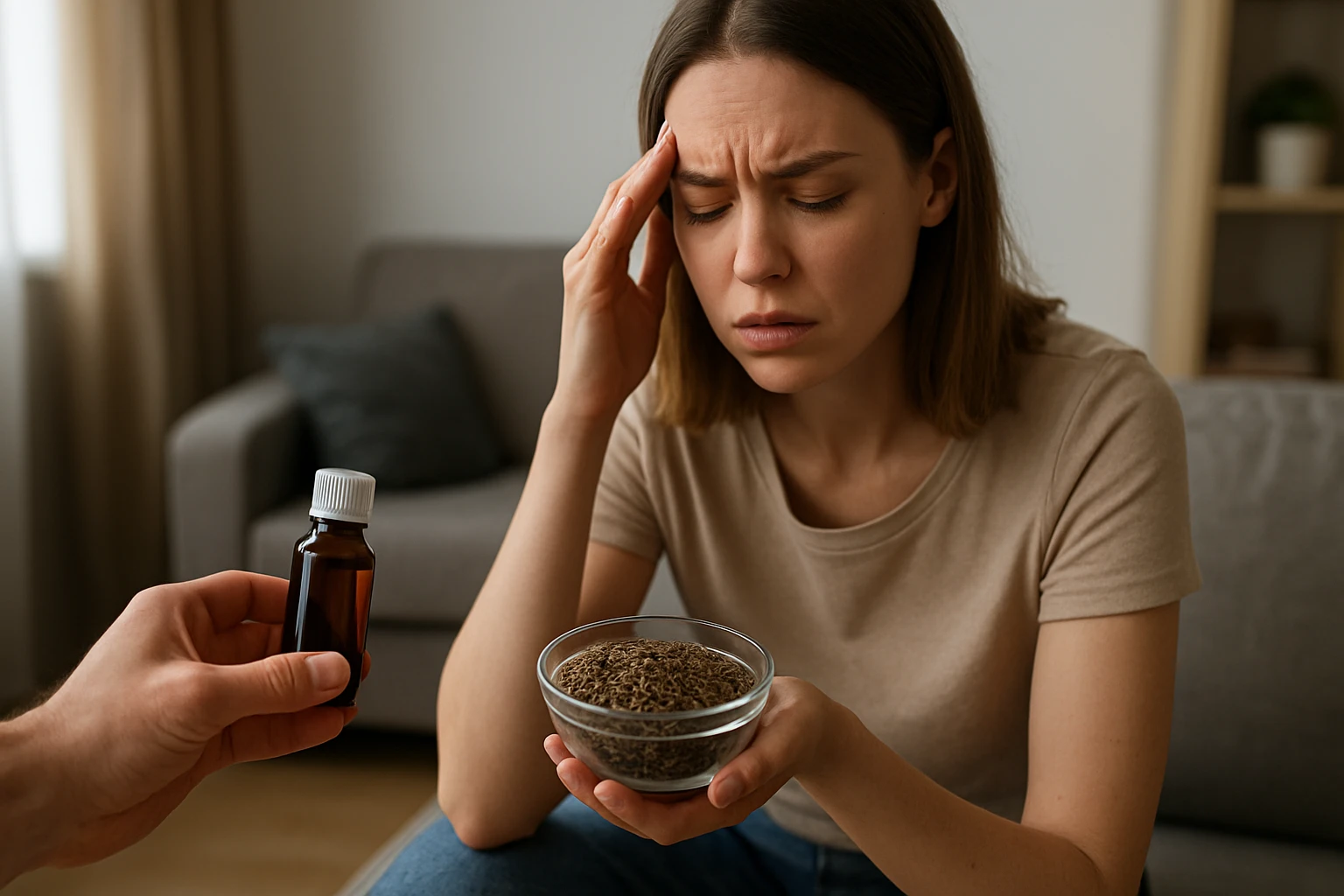 Žena pociťujúca bolesti hlavy s pohárom rascovými semien a liekom.