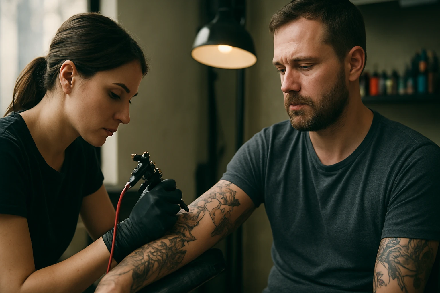 Tatérka pracuje na tetovaní muža v tetovacom štúdiu.