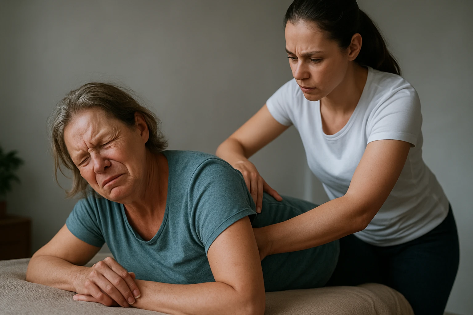 Žena počas terapie Dévény, prežíva bolestivý moment.