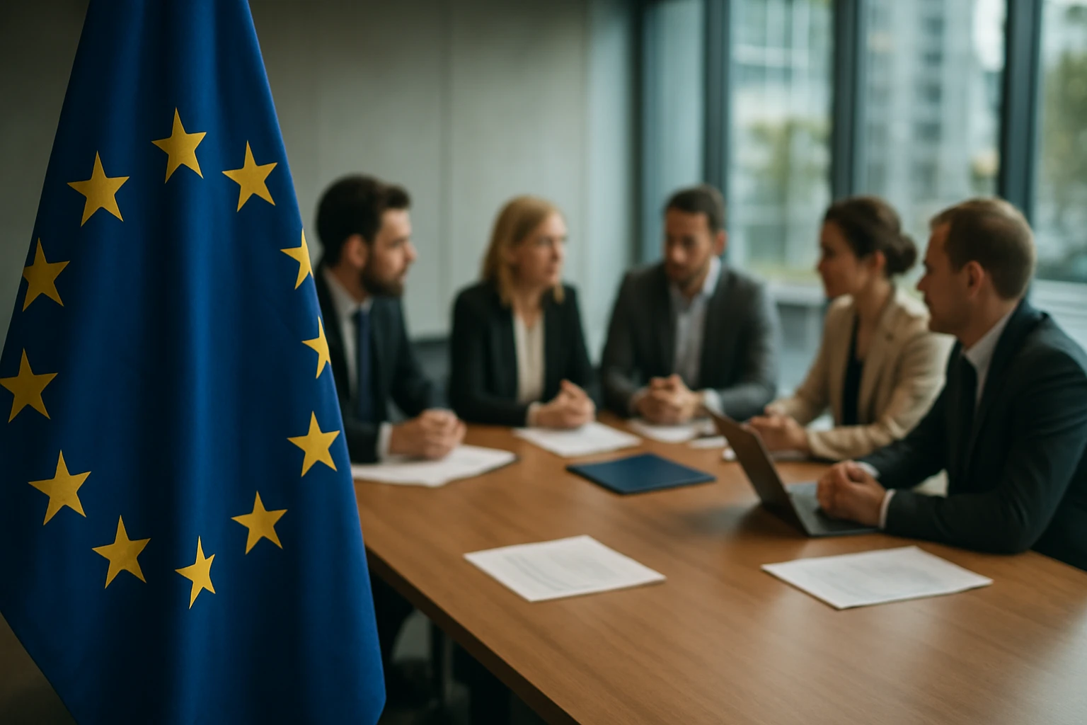 Zástava Európskej únie a rokovanie vo firemnej atmosfére.