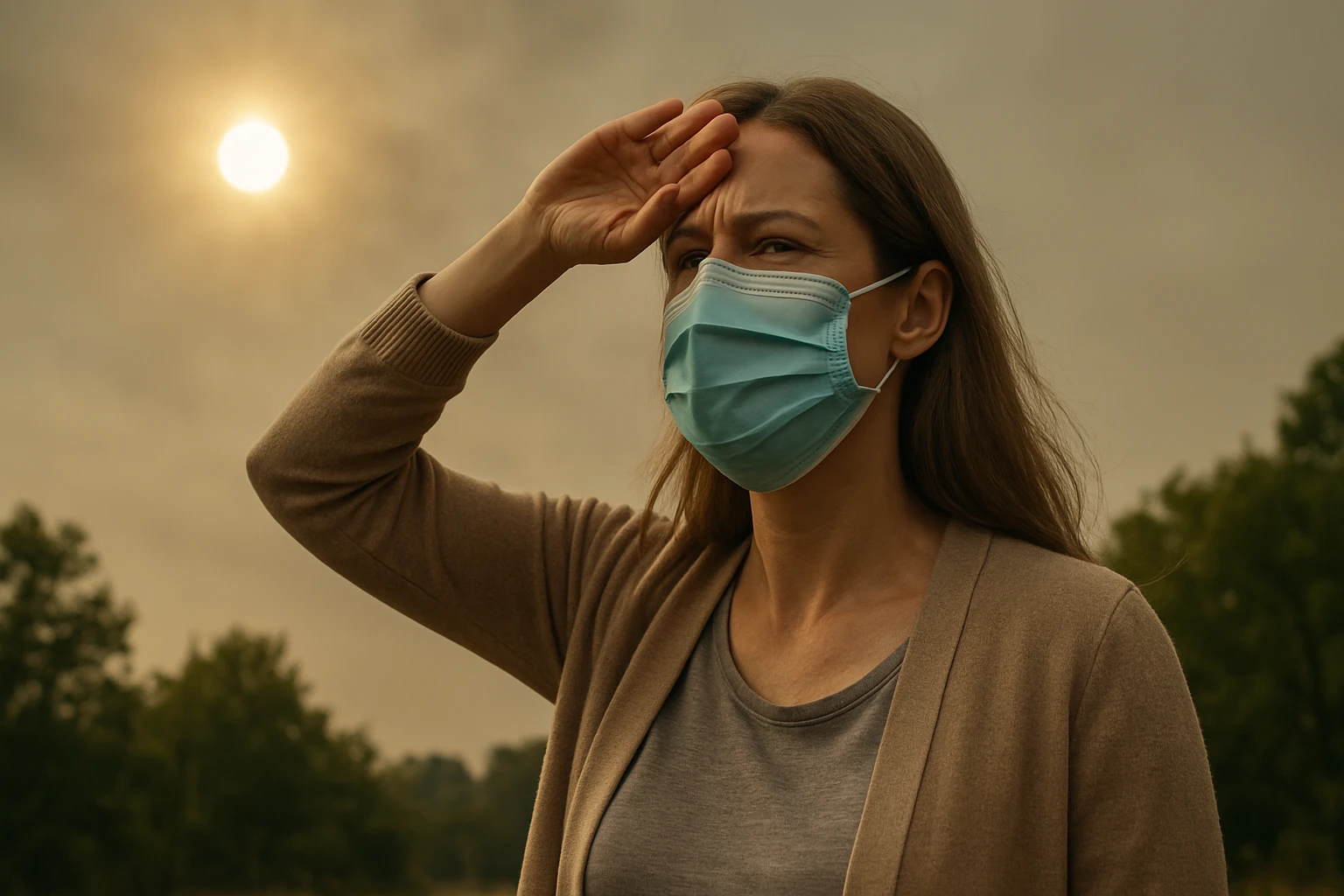 Žena s ochrannou maskou sledujúca slnko a smogové ovzdušie