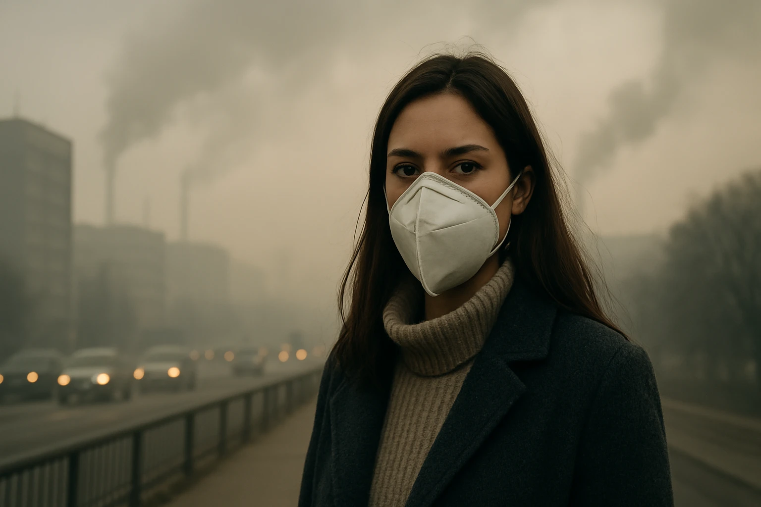 Mladá žena s ochrannou maskou v znečistenom prostredí s dymom.