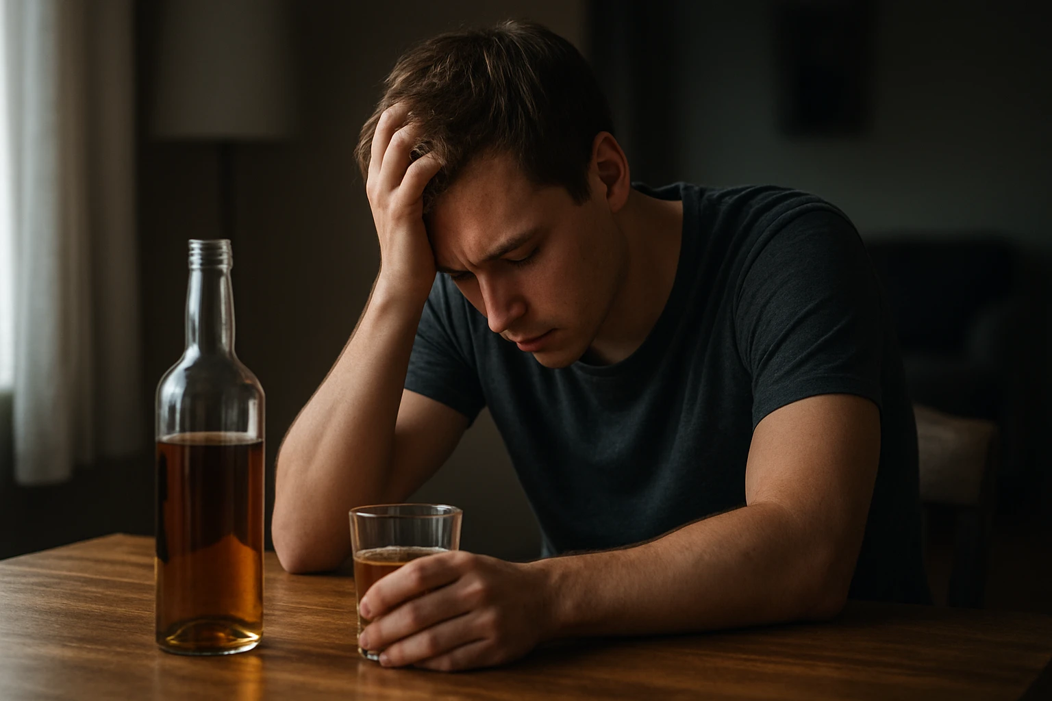 Mladý muž smúti nad pohárom alkoholu v tme.