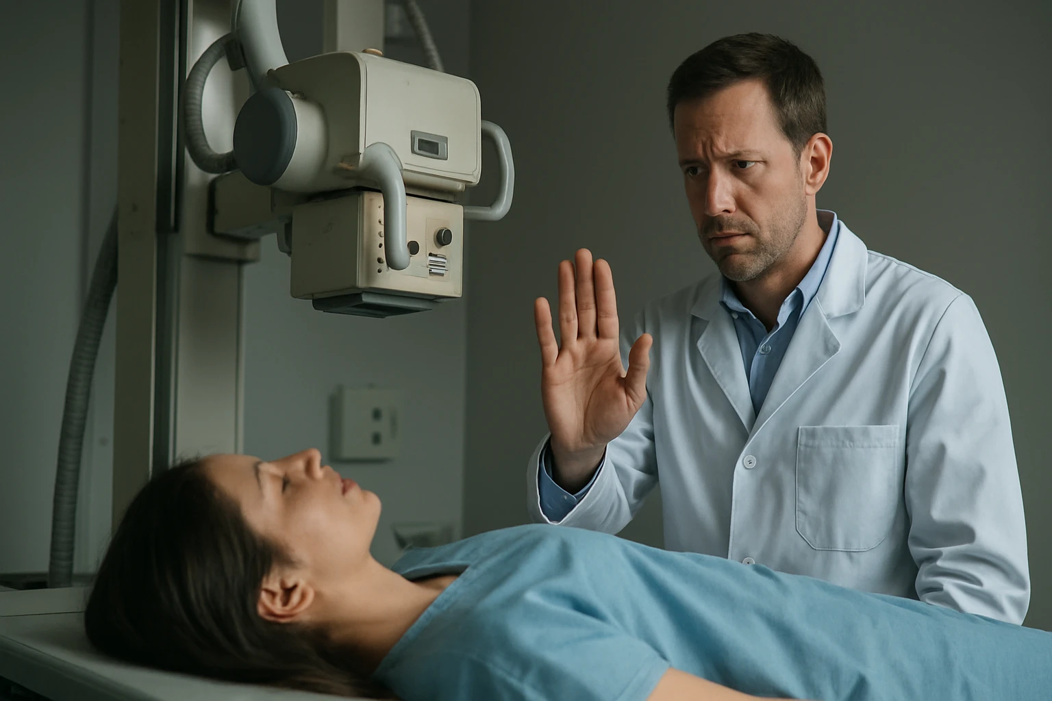 Lekár vysvetľuje pacientke postup pri röntgenovom vyšetrení.