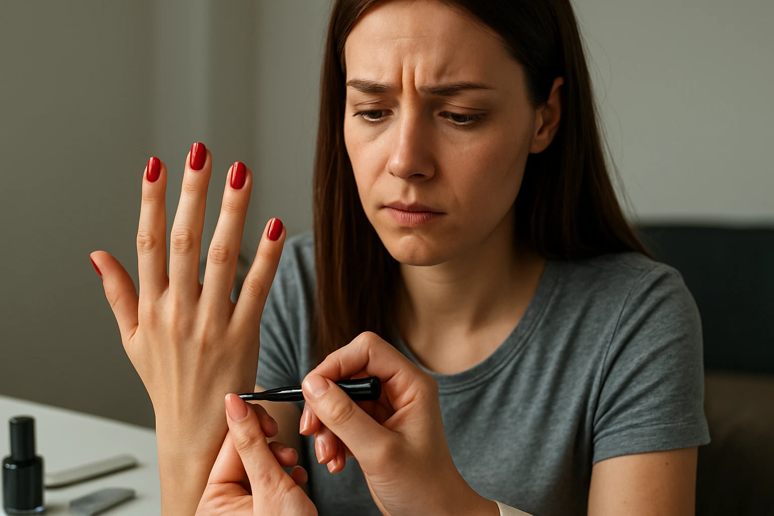 Žena so znepokojeným výrazom sa pozerá na svoje červené nechtíky, zatiaľ čo sa o ne starajú.