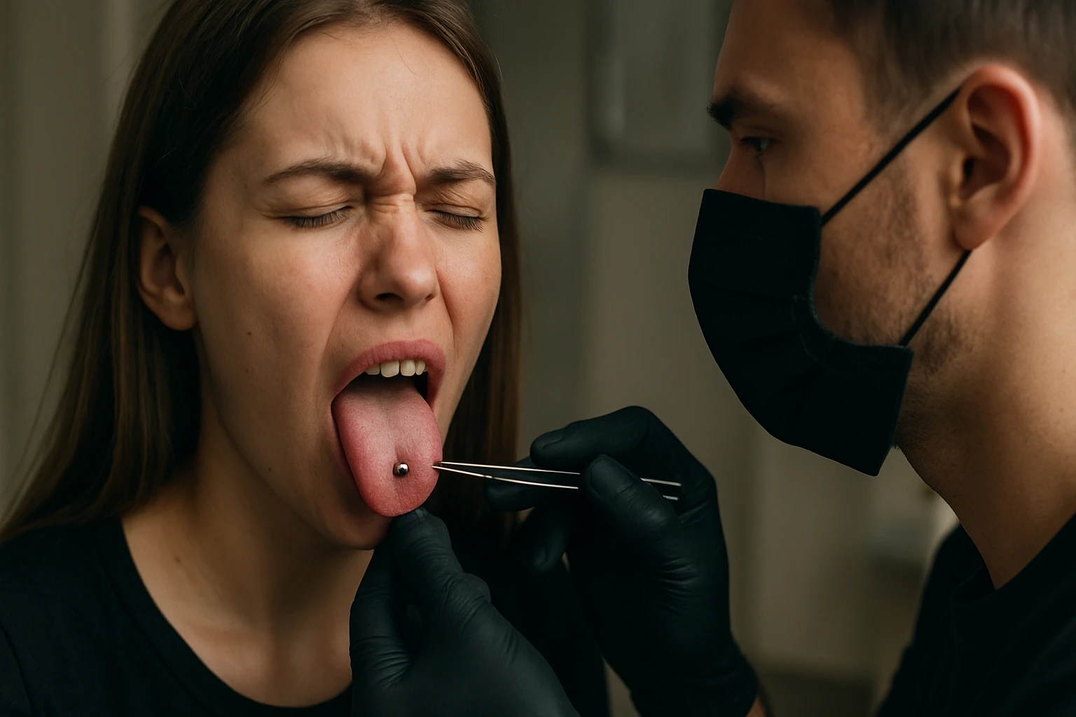 Piercing jazyka: ženská s otvorenou pusou a piercerom