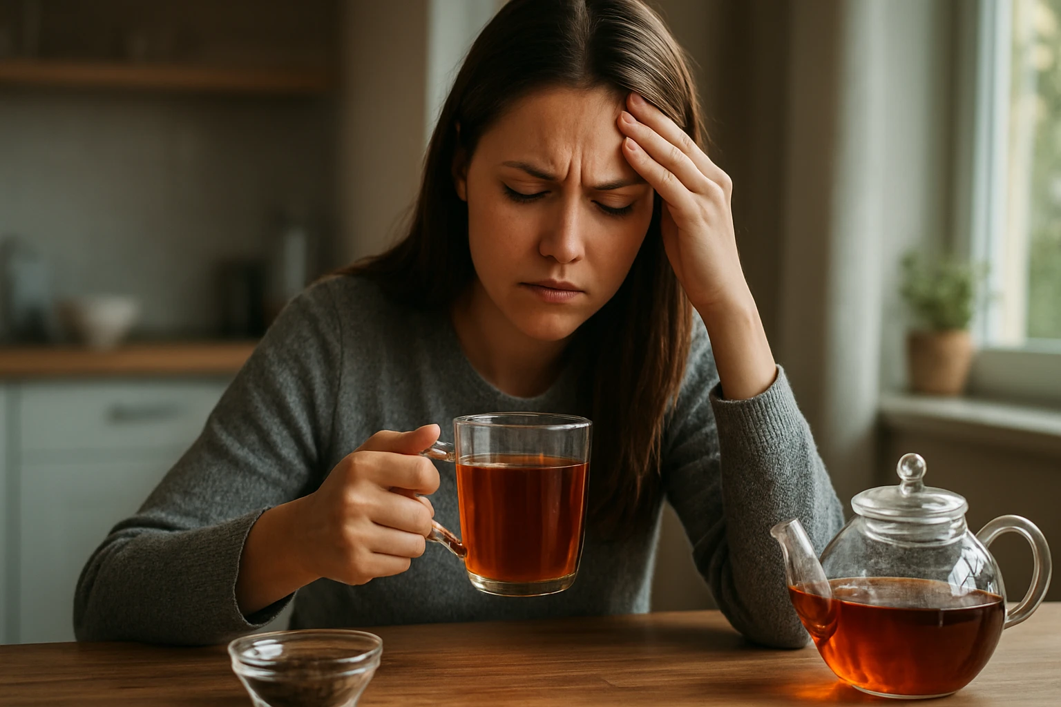 Žena so šálkou čaju a zamysleným výrazom, zamýšľa o čaji.