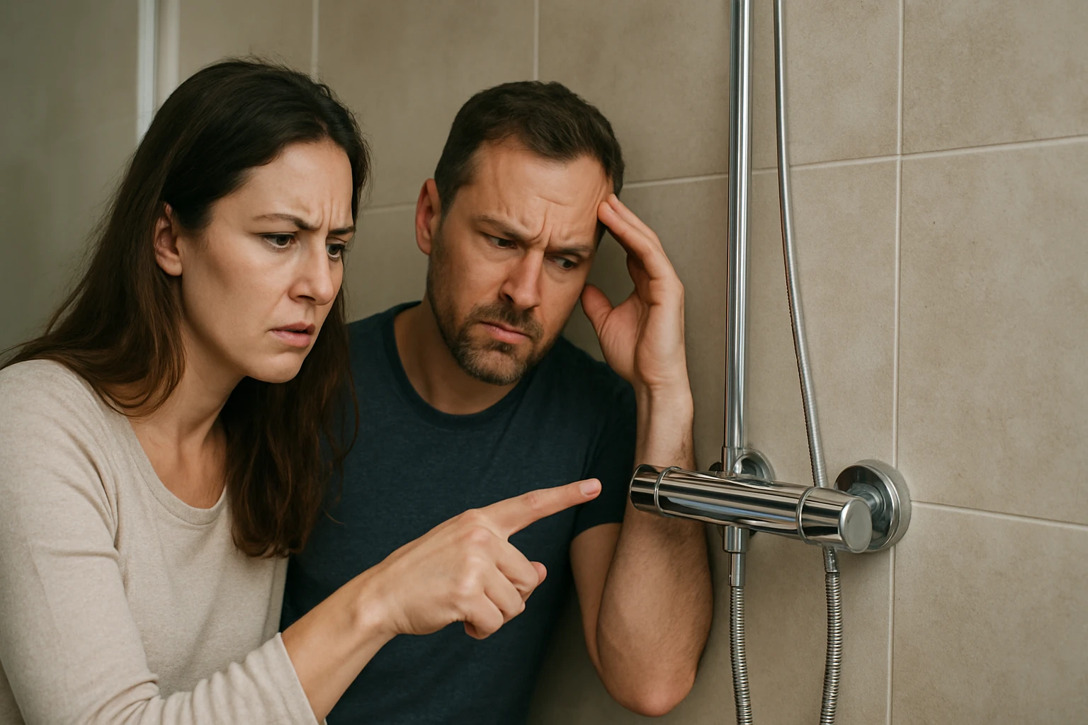 Pohľad na pár rozrušený problémom s termostatickou batériou.
