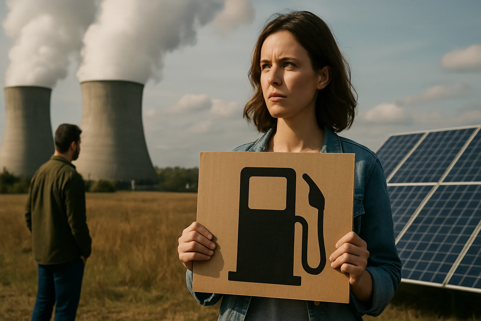 Žena s transparentom o neobnoviteľných zdrojoch energie v prírode.