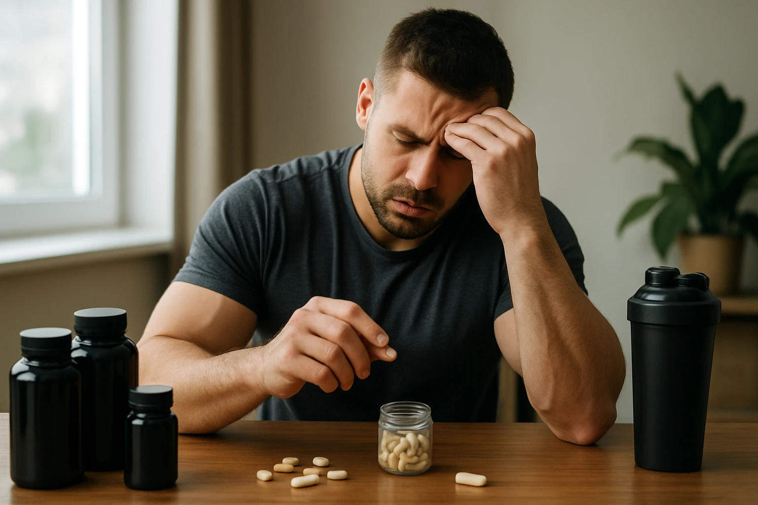 Muž s bolestou hlavy sedí pri stole s doplnkami stravy.