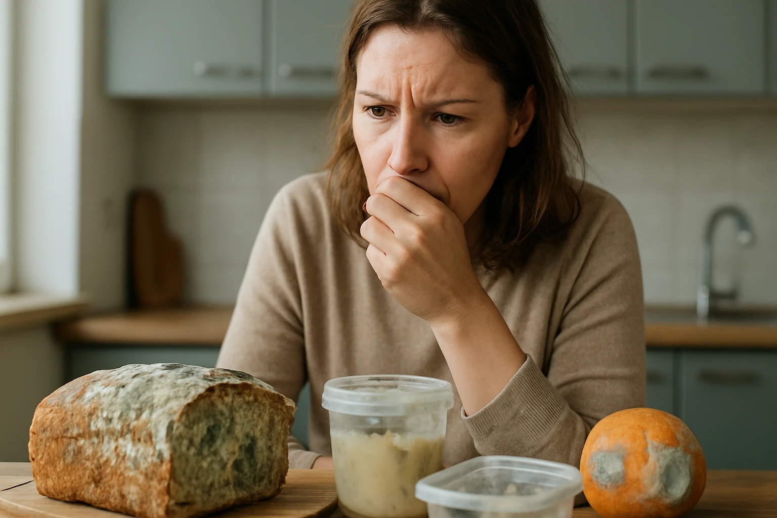 Žena vyzerajúca znepokojene nad plesnivými potravinami na stole.