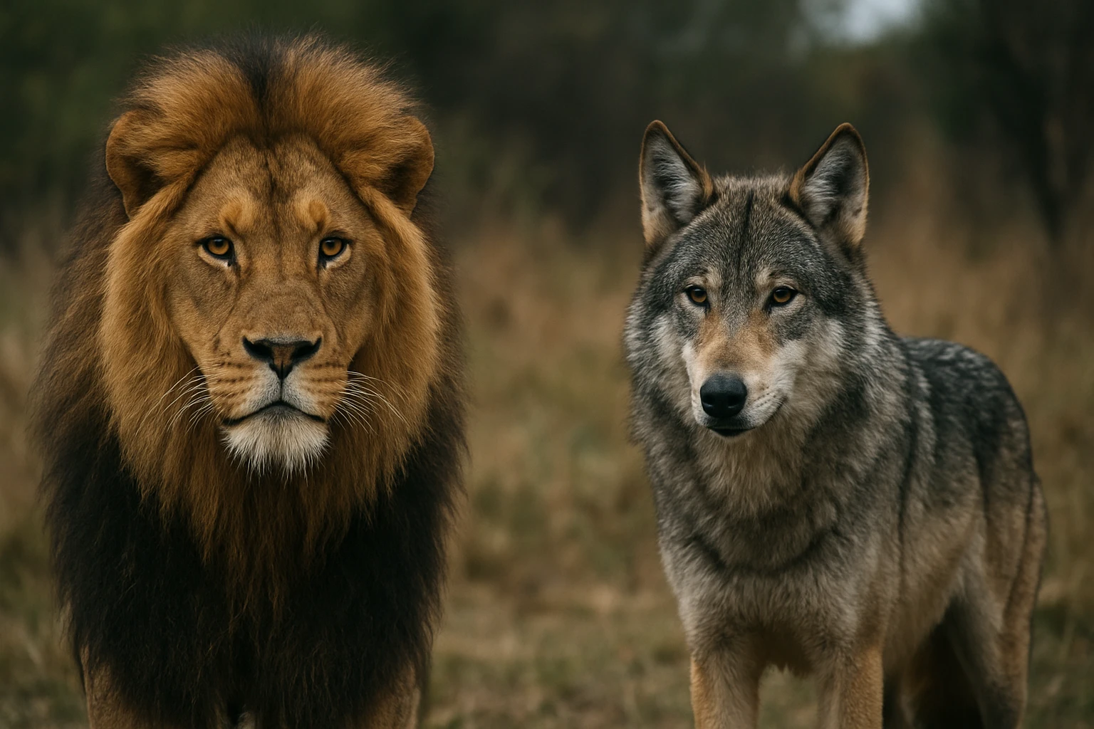 Lev a vlk vo voľnej prírode, symboly divokých zvierat.
